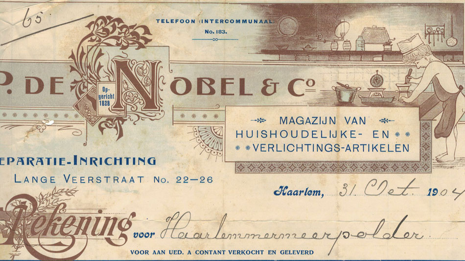 P. de Nobel, Haarlem, huishoudelijke artikelen, briefhoofd in Jugendstil