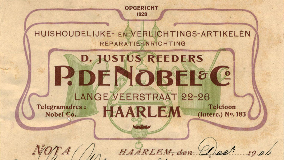 P.de Nobel, Haarlem, huishoudelijke artikelen, nota uit 1906 in Jugendstil