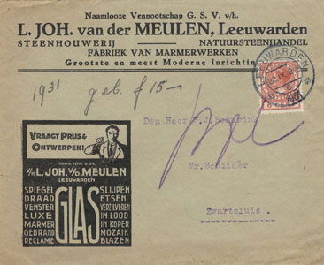 L.Joh. van der Meulen, steenhouwerij en glas, Leeuwarden, gezegelde enveloppe uit 1931.