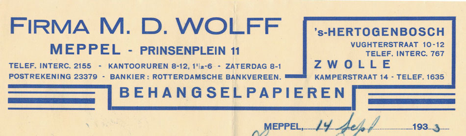 M.D. Wolff, Behangselpapier, Meppel, nota uit 1933