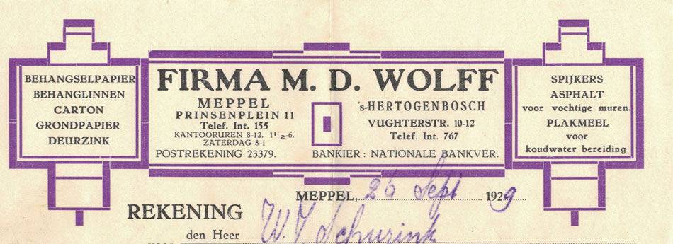 firma MD Wolff, Meppel, Behangselpapier etc., rekening uit 1929