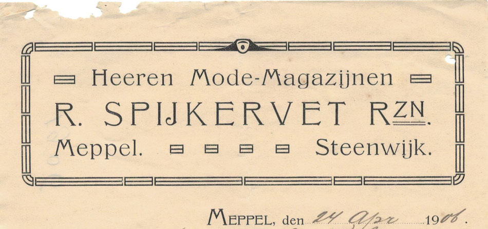 R.spijkervet Rzn, Meppel, Heeren Mode Magazijnen, nota uit 1906 in Art-Deco-stijl