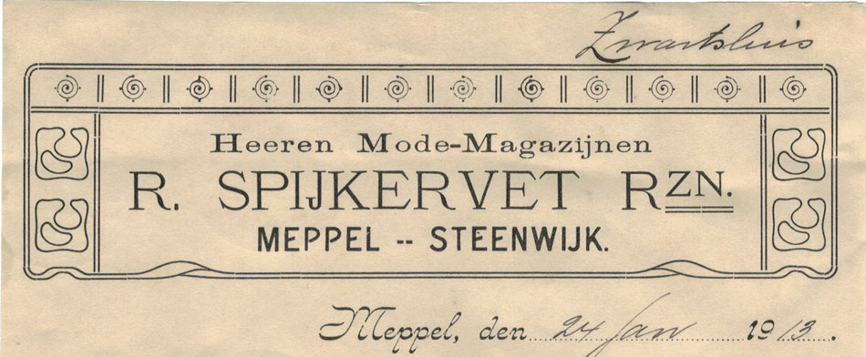 R.Spijkervet Rzn, Meppel, Heeren Mode Magazijnen, nota uit 1913 in art Deco stijl