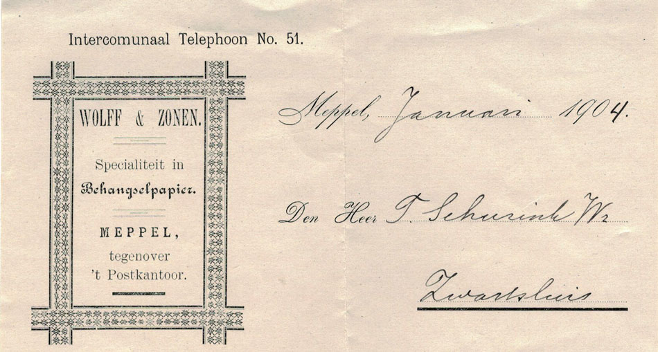 Wolff & Zonen, Meppel, behang, nota uit 1904 met jugendstil-omlijsting
