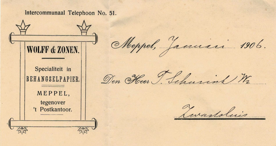 Wolff & Zonen, Behangselpapier, Meppel, 1902, nota met jugendstil-omlijsting