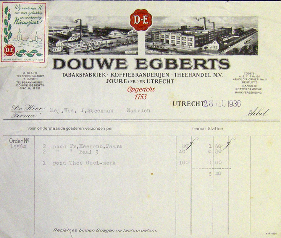 douwe Egberts rekening uit 1936 met Kerst-sluitzegel