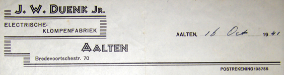 Duenk Electrische Klompenfabriek te Aalten, rekening uit 1941