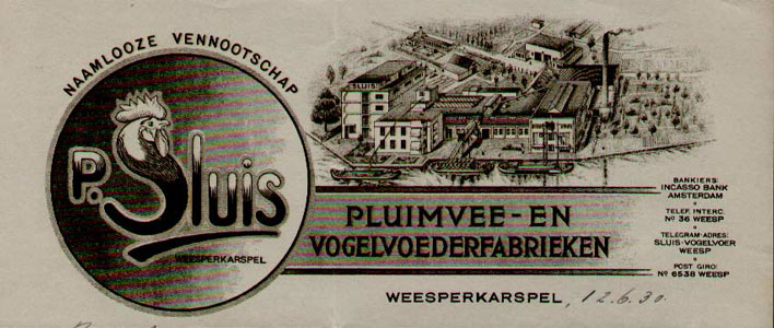 P. Sluis, brief uit 1930 met logo en fabrieks-luchtfoto