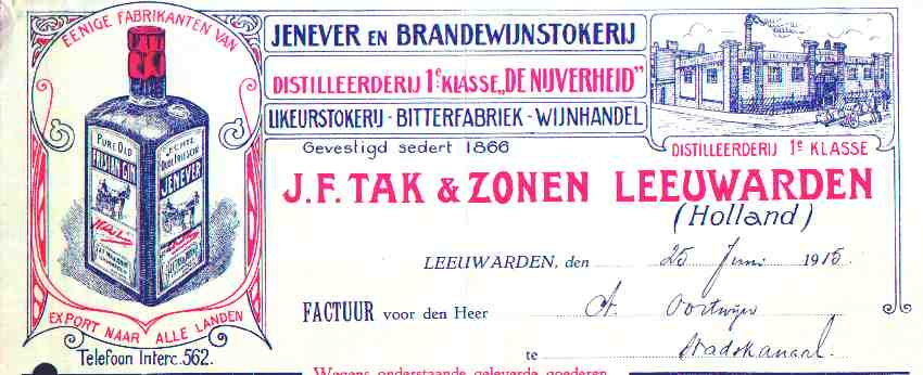 J.F. Tak & Zonen, Leeuwarden, distilleerderij, tekening uit 1915