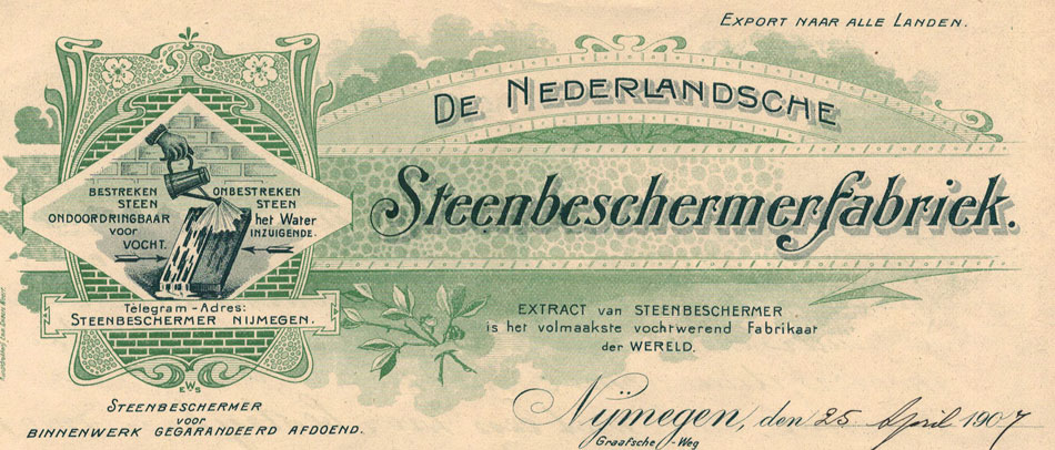 Nederlandsche Steenbeschermerfabriek, Nijmegen, 1907 geschreven handleiding in groen-zwarte Jugendstil