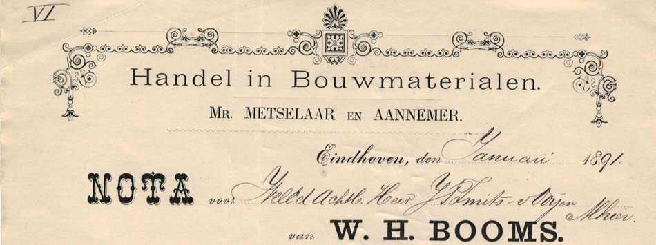 W.H. Booms, Meester Metselaar te Eindhoven, nota voor steenkolen uit 1891
