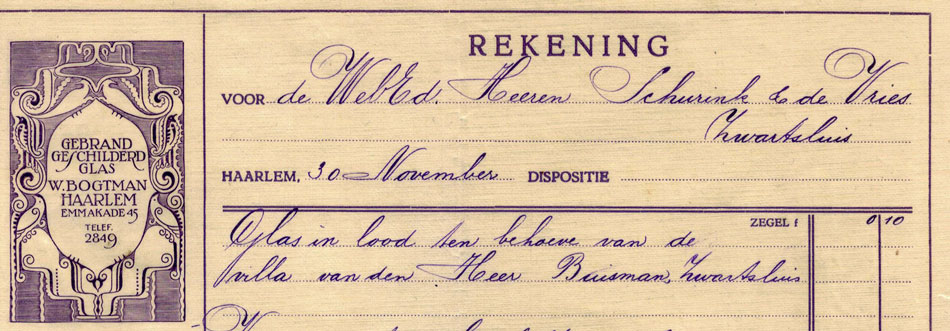 W. Bogtman, Haarlem, gebrandschilderd glas, nota uit 1923