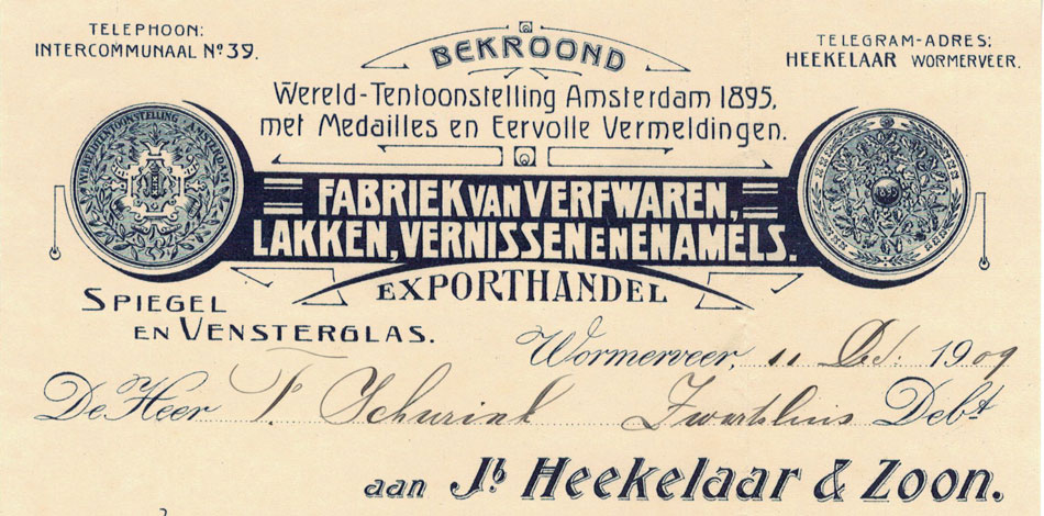 Jb Heekelaar & Zoon, Verfwaren, glas, nota uit 1909 met medailles van de wereldtentoonstelling  van Amsterdam, 1895