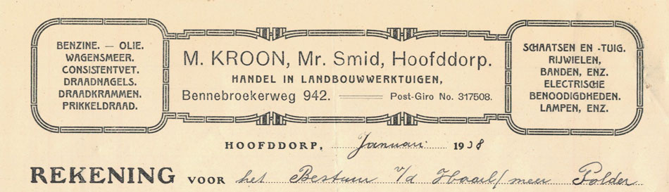 M. Kroon, Mr. Smid te Hoofddorp, nota uit 1938 met Art-Deco versiering en bevelschrift tot betaling van de Haarlemmermeerpolder
