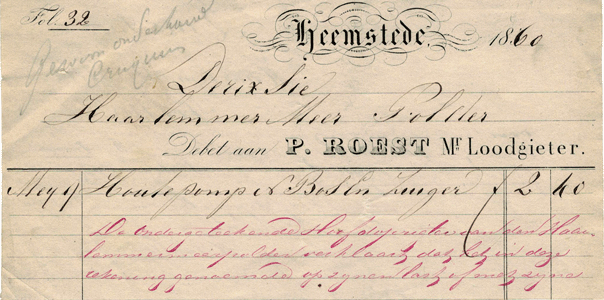 P.Roest,  Meester Loodgieter te Heemstede, nota uit 1860 aan de Haarlemmermeer Polder