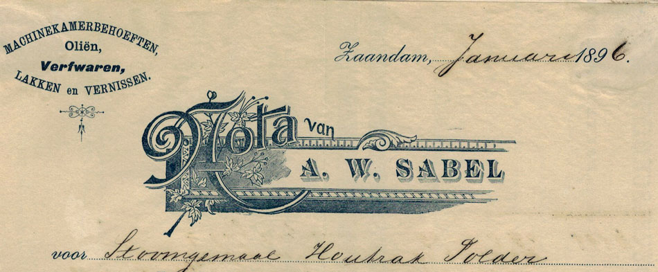 A.W.Sabel, Zaandam, nota uit 1896