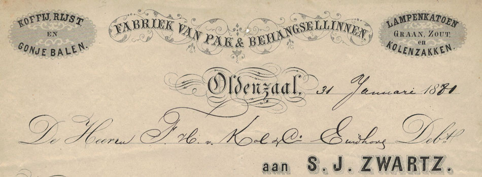 S.J. Zwartz, Oldenzaal, Fabriek van pak & Behangsellinnen, nota uit 1881