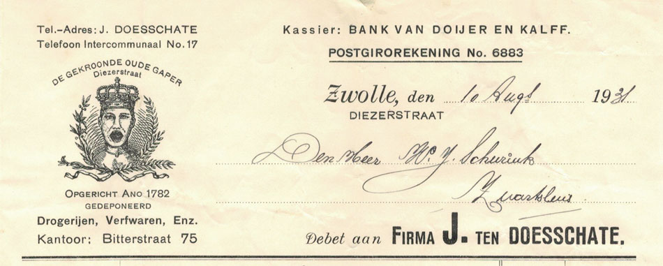 J. ten Doeschate, Zwolle, Drogerijen, Verfwaren, diezenstraat, nota uit 1931