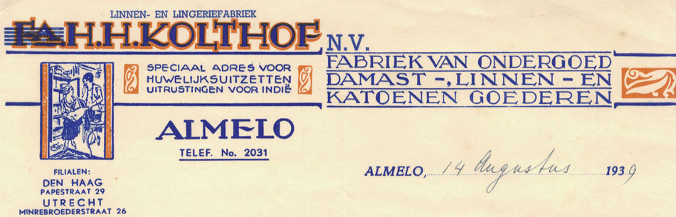 H.H. Kolthof te Almelo, brief uit 1939