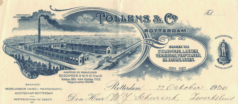 tollens & Co., Rotterdam, Verffabriek, nota uit 1929