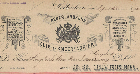 J.J. Bakker, Rotterdam, Nederlandsche Olie- en Smeerfabriek, nota uit 1890