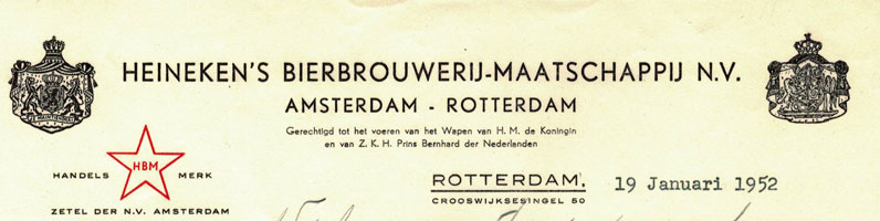 brief uit 1952 van Heineken's Bierbrouwerij-Maatschappij