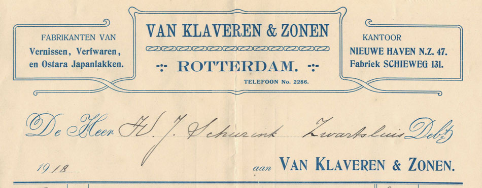 Van Klaveren & Zonen, verffabrikanten, Rotterdam, nota uit 1918