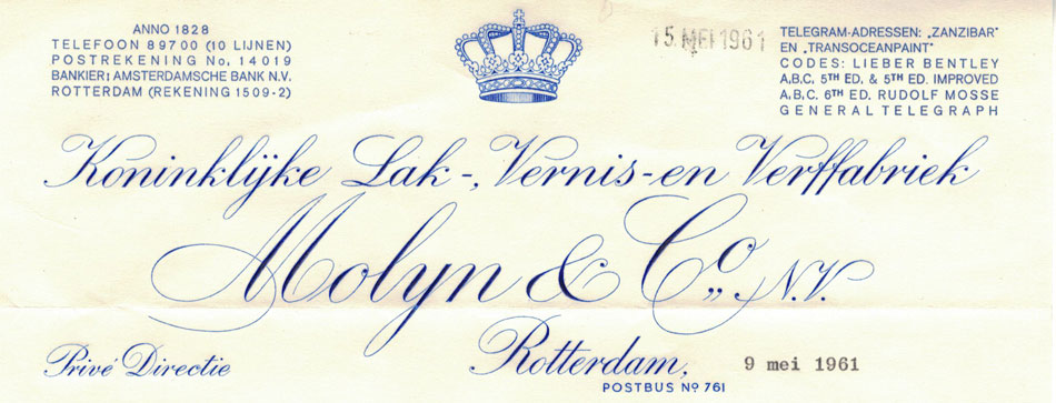 Molijn & Co, verffabriek, Rotterdam, brief uit 1961