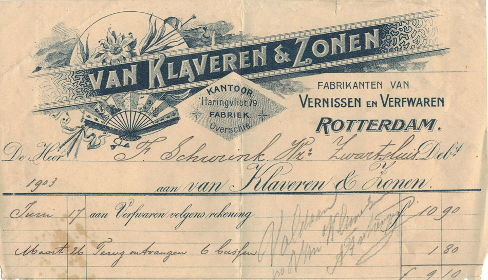 Van Klaveren & Zonen, Rotterdam, briefhoofd uit 1903