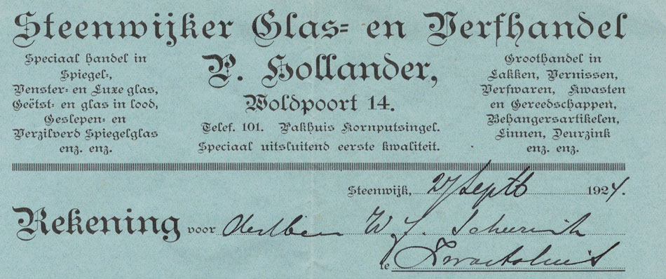 P.Hollander, Steenwijker Glas- en Verfhandel, rekening uit 1924