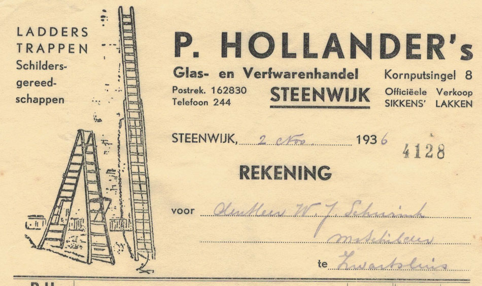 P.hollander's Glas-en Verfhandel, Steenwijk, nota uit 1936
