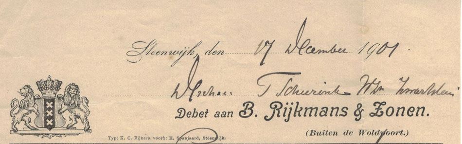B.Rijkmans & Zonen, Steenwijk, nota uit 1901