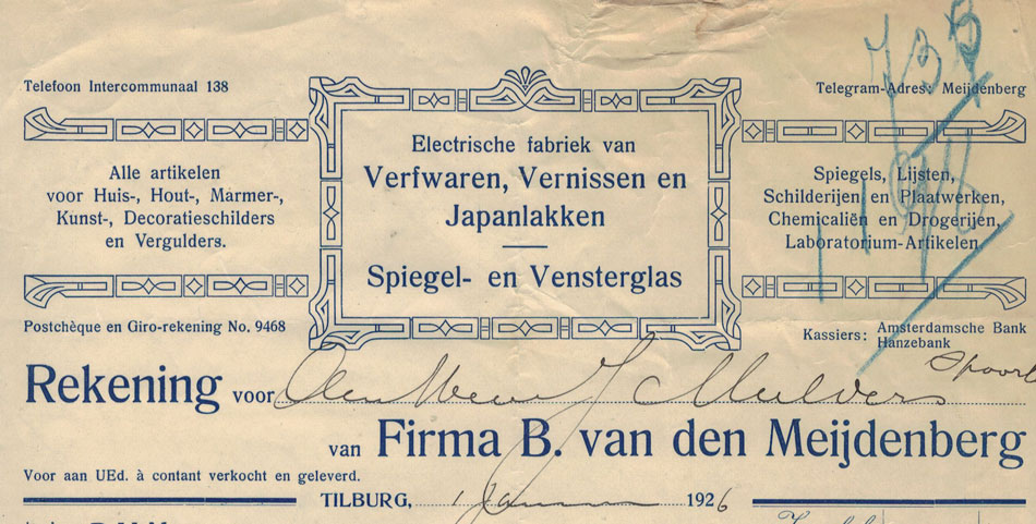 B. van den Meijdenberg, verffabriek te Tilburg, Art-Deco nota uit 1926