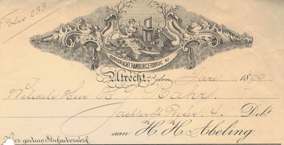 abbeling, stukadoor Utercht 1899, nota
