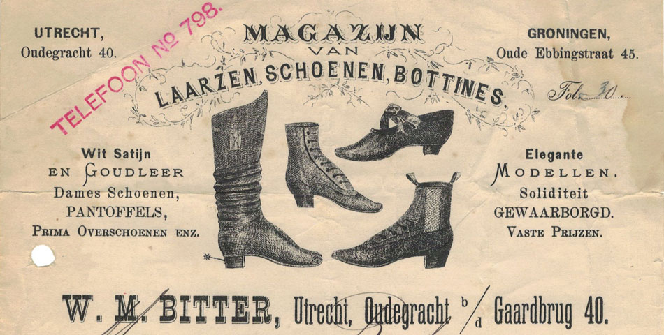 W.M. Bitter te Utrecht, magazijn van schoenen, nota uit 1903