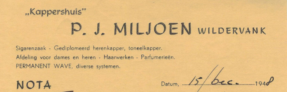 P.J.Miljoen kapper te Wildervank, nota uit 1948