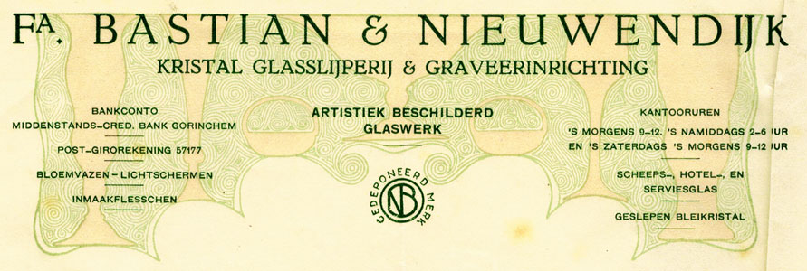 Bastian & Nieuwendijk, Kristal Glasslijperij te Schiedam, brief uit 1930
