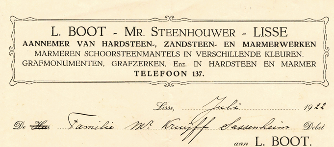 L.Boot, meester steenhouwer te Lisse, nota uit 1922