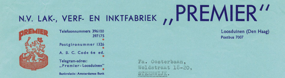 Lak-, Verf- en Inktfabriek "Premier", Loosduinen, brief uit 1959