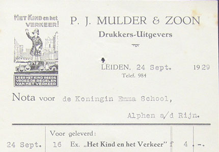 P.J. Mulder & Zoon, drukkers-Uitgevers te Leiden, nota uit 1929