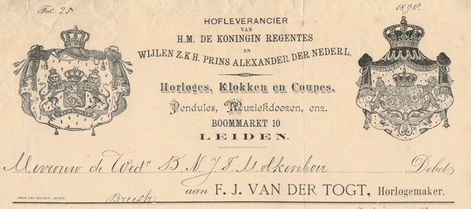 van der Togt, Leiden, horlogemaker, nota uit 1898, met koninklijke wpens
