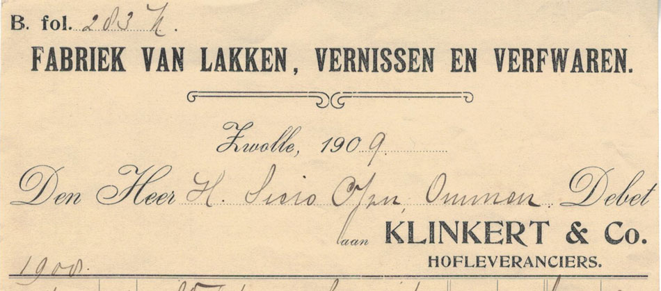 Klinkert & Co, Zwolle, verffabriek, nota uit 1909