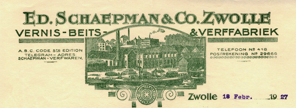 Ed. Schaepman, Zwolle, verffabriek, nota uit 1927