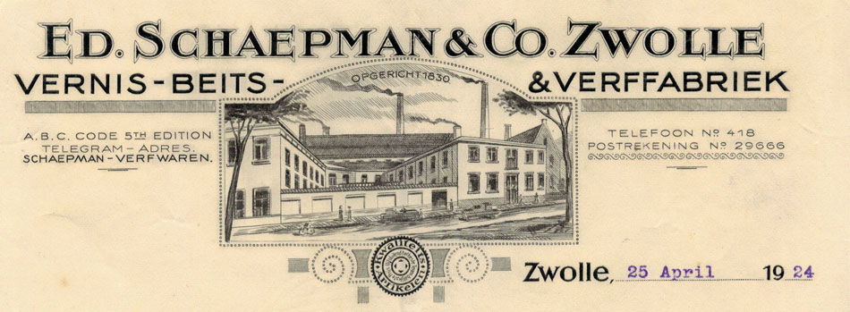 Ed. schaepman & Co., Zwollw, Verffabriek, nota uit 1924