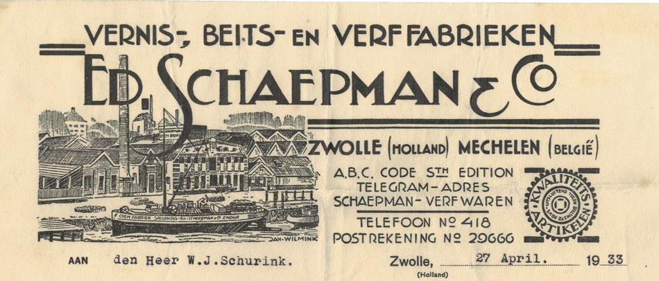 Ed. Schaepman & Co., Zwolle, Mechelen, nota uit 1933