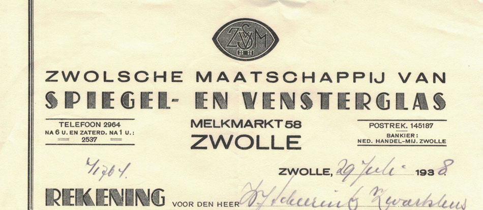 Zwolsche Maatschappijn van Spiegel- en Vensterglas, nota uit1938