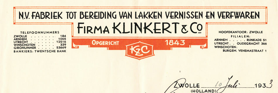 KLinkert & Co., Zwolle, verffabriek, nota uit 1934