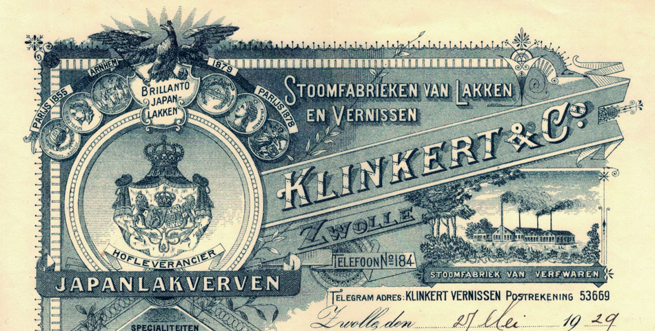 Klinkert & Co., Zwolle, Fabriek van Lakken en Verfwaren, nota uit 1929