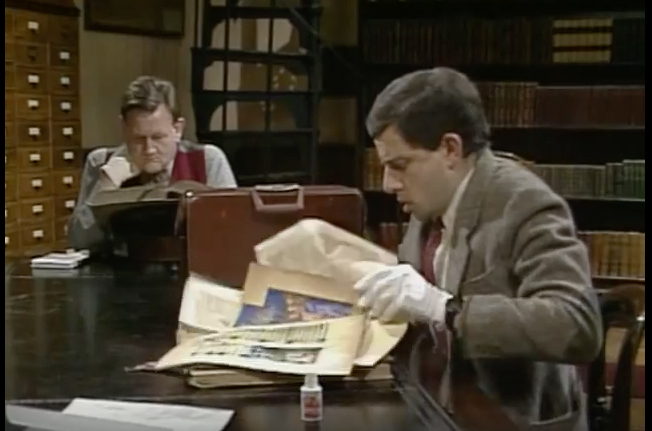 Mr. Bean in a library