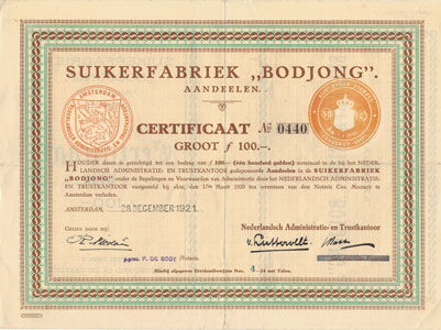 aandeel Suikerfabriek "Bodjong" uit 1921